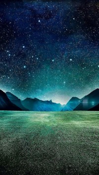 Starry Night Grass Field Mountains
